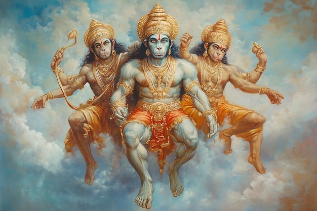 Three Forms of Hanuman Hindu God of Strength and Devotion in a Painting