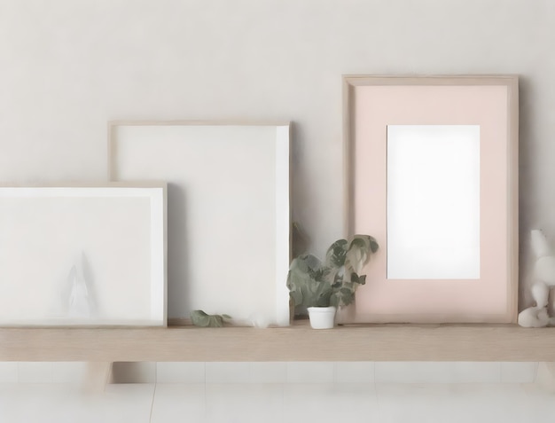 Three framed frames on a shelf with a plant in the middle.