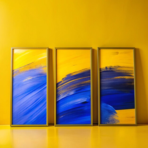 Photo three framed paintings are on a yellow wall one of which has blue and yellow colors