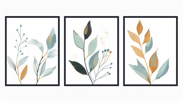 Photo three framed paintings of leaves with a blue background