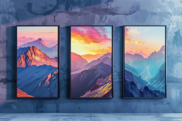 Photo three framed paintings of mountains and hanging on a wall