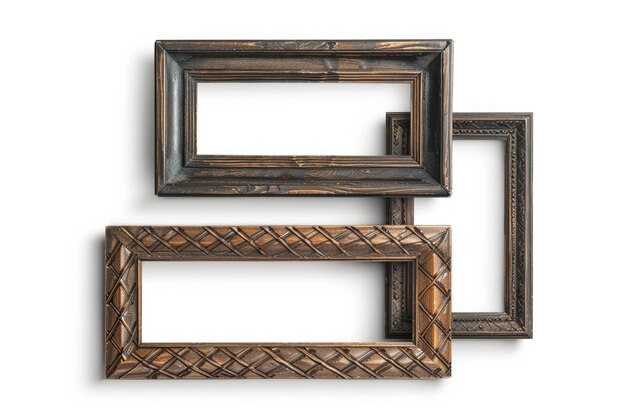 three framed pictures of different shapes and sizes are lined up on a white wall