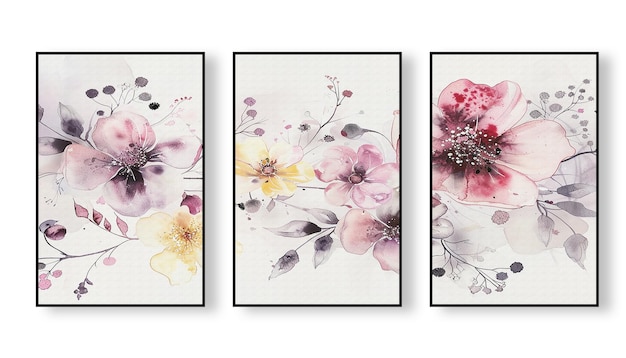 Photo three framed pictures of flowers with the words  flowers