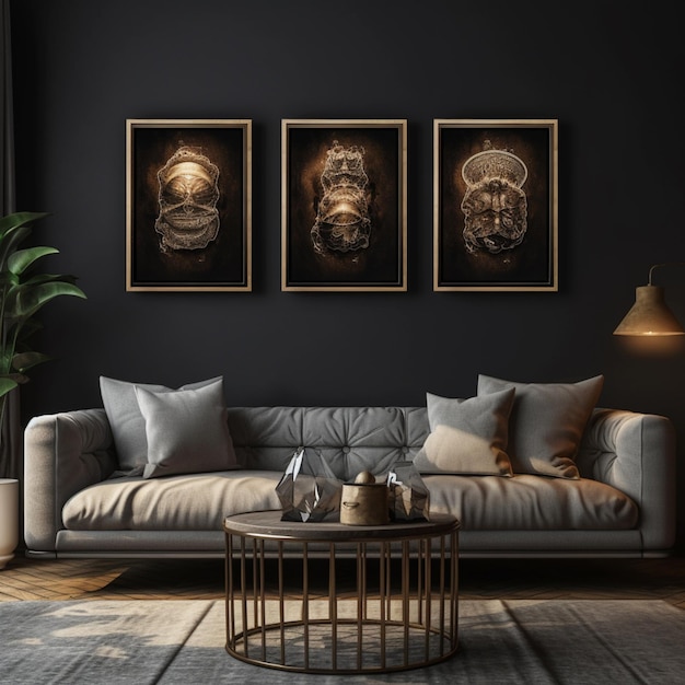 Three framed pictures hang on a wall above a couch.