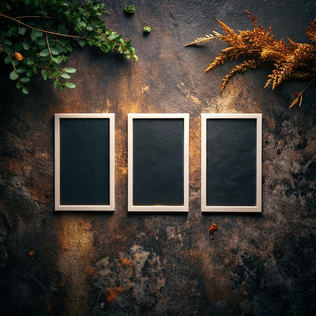 three frames on a wall with a plant in the corner