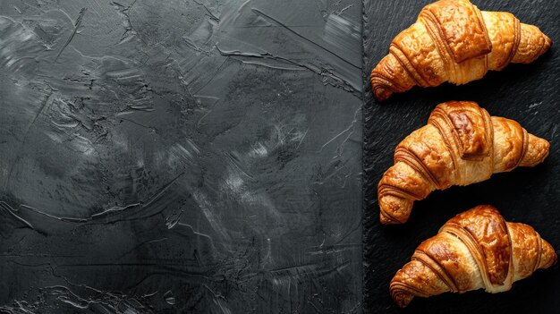 Three fresh croissants on a black slate background