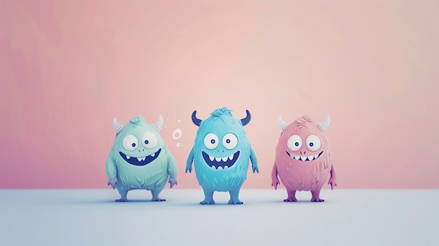 Three friendly cartoon monsters one green one blue and one pink stand in front of a pink wall