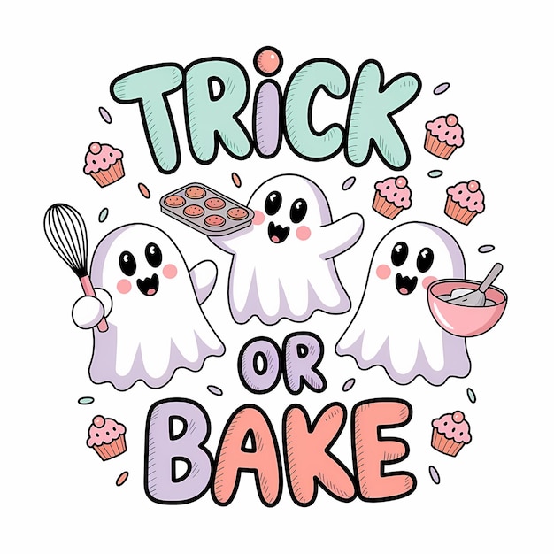 Three Friendly Ghosts Baking Cupcakes and Cookies for Halloween