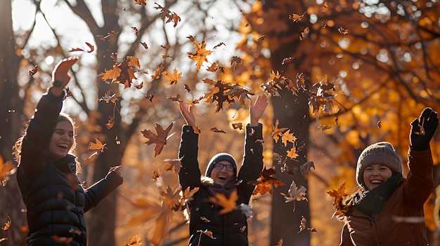 Three friends are laughing and playing with falling leaves in the autumn forest