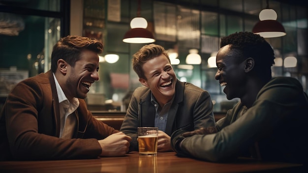 Three friends chatting in a cafe smiling