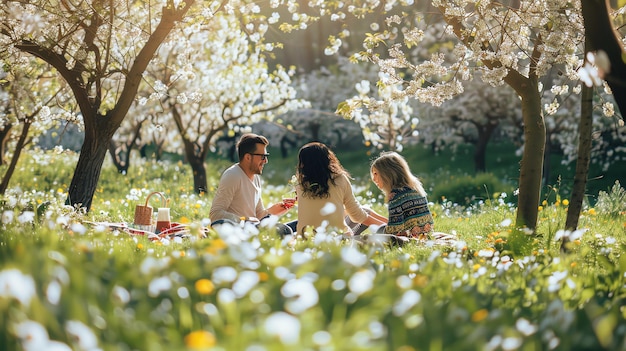 Three friends enjoying a picnic in a blooming orchard