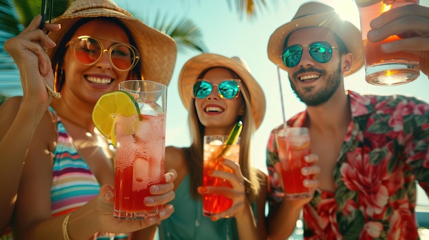 Photo three friends enjoying refreshing cocktails on a sunny day