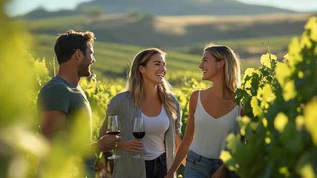 Photo three friends enjoying wine in a vineyard