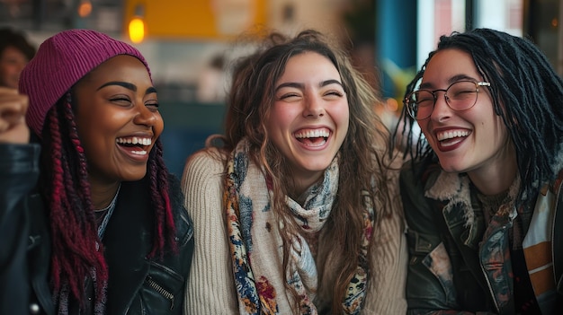 Photo three friends laugh together in a vibrant cafe enjoying their time and connection on a sunny day