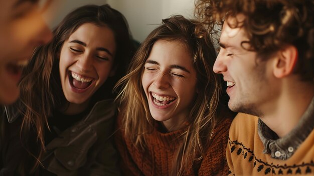 Photo three friends laughing closeup portrait