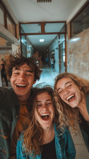 Three Friends Laughing Together in a Hallway