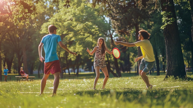 Three friends play a game in the park on a sunny day