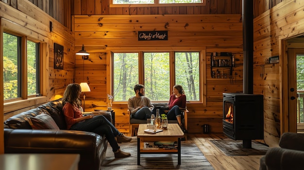 Photo three friends relax in a cozy wooden cabin with a fireplace and large windows overlooking the forest