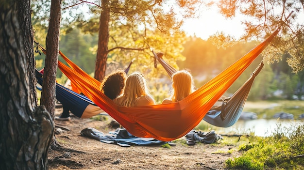 Three friends relax in a hammock in a forest during a golden hour