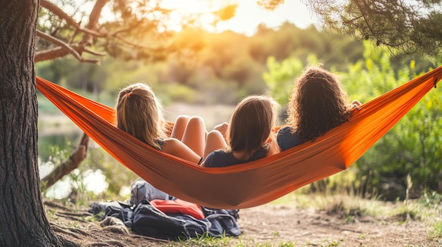 Three friends relax in a hammock outdoors