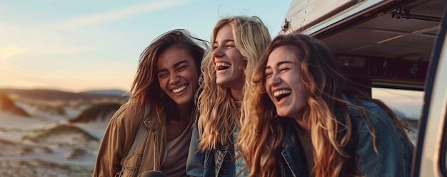 Three friends sharing laughter on the beach during a road trip