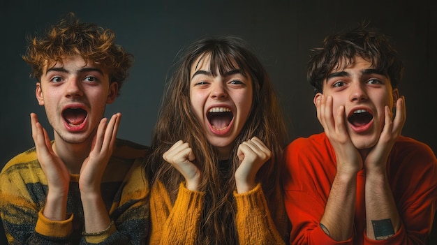 Three friends show their enthusiasm with wide smiles and surprised expressions capturing a joyful moment of togetherness indoors Generative AI