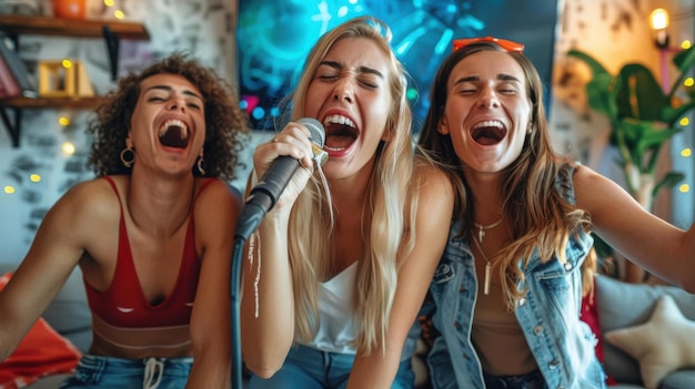 Three Friends Singing Karaoke with Joy