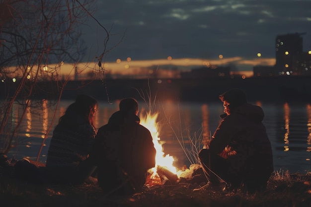 Photo three friends sit around a campfire on the riverbank enjoying the warmth and camaraderie create a cozy scene of a family sitting by a bonfire in the evening