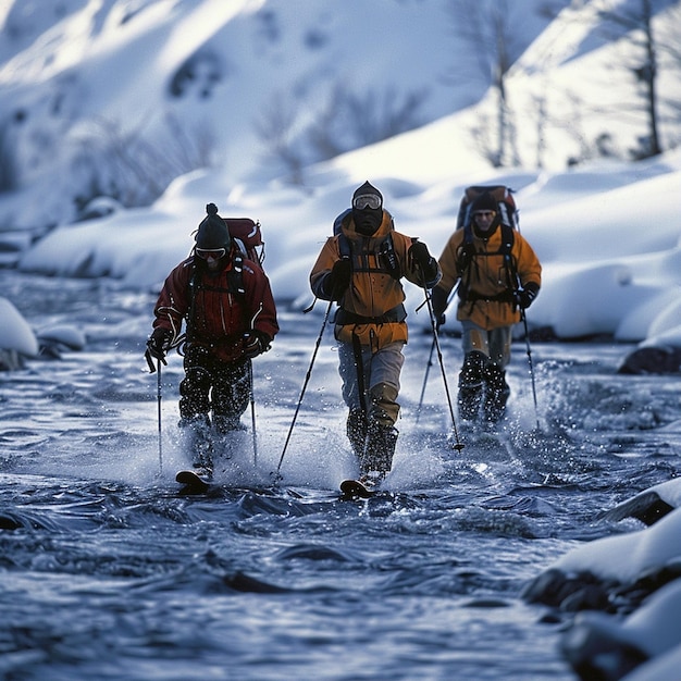 Three friends skiing down a river adventure