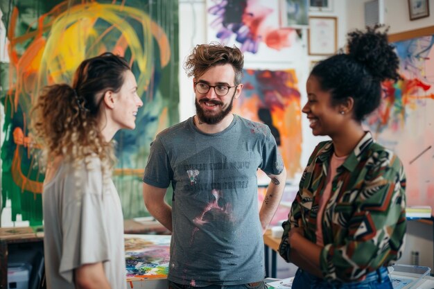 Photo three friends stand in an art studio surrounded by colorful paintings and engage in a friendly conversation a trio of friends with different abilities collaborating on a creative project