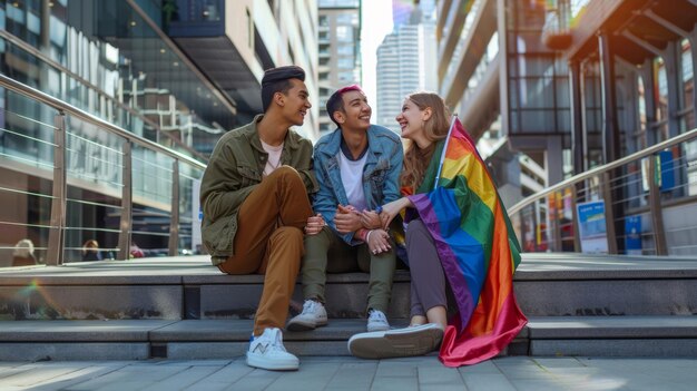 Photo three friends with pride flag