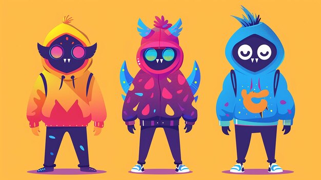 Photo three funky cartoon mascots in vibrant outfits