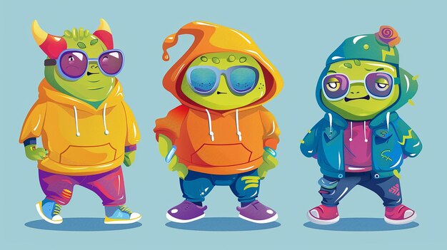 Photo three funky cartoon mascots in vibrant outfits