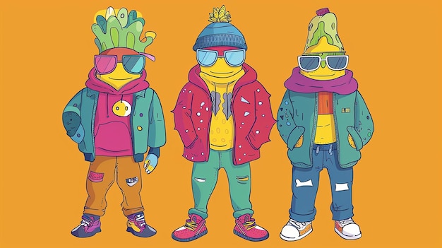 Photo three funky cartoon mascots in vibrant outfits