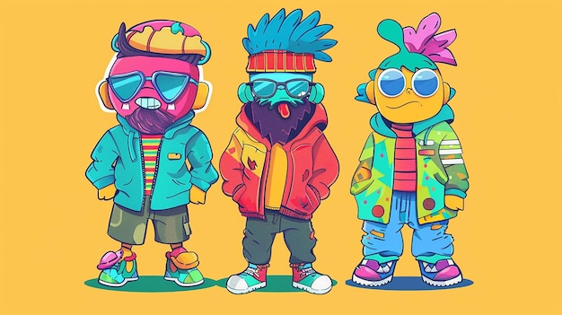 Photo three funky cartoon mascots in vibrant outfits