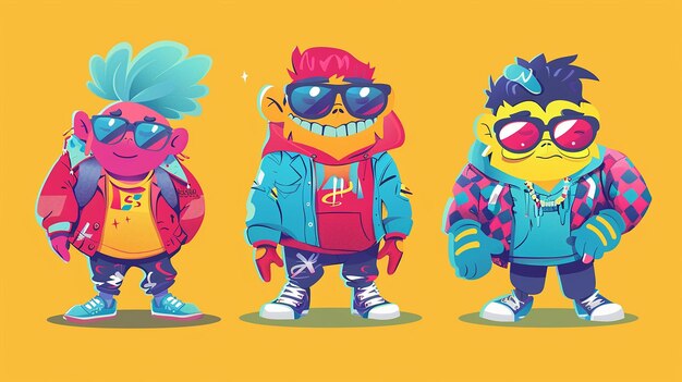 Photo three funky cartoon mascots in vibrant outfits