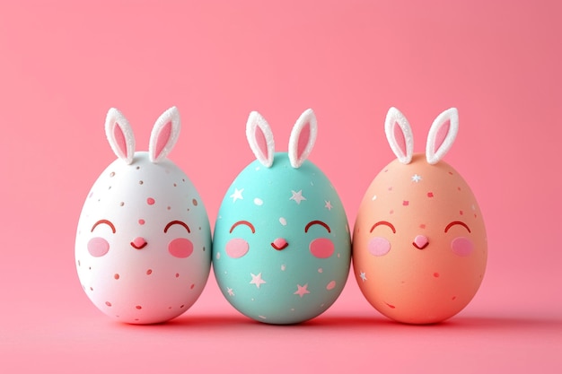 Three funny decorated Easter eggs with cheerful faces and bunny ears on pink background happy Easter