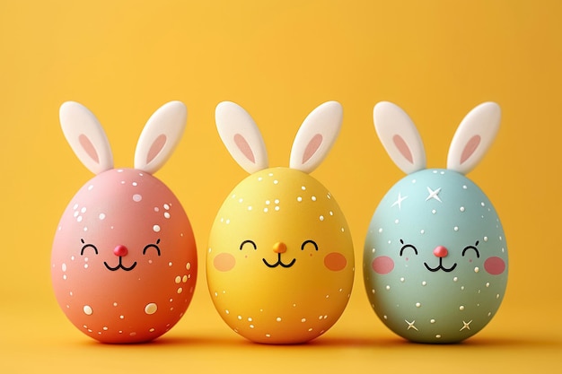 Three funny painted smiling Easter eggs with bunny ears yellow background happy Easter greeting card