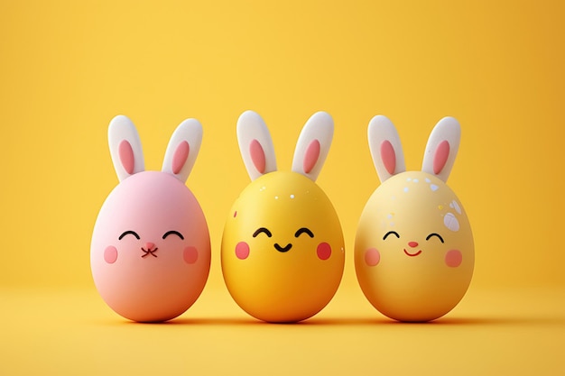 Three funny smiling Easter eggs with bunny ears on yellow background happy Easter greeting card