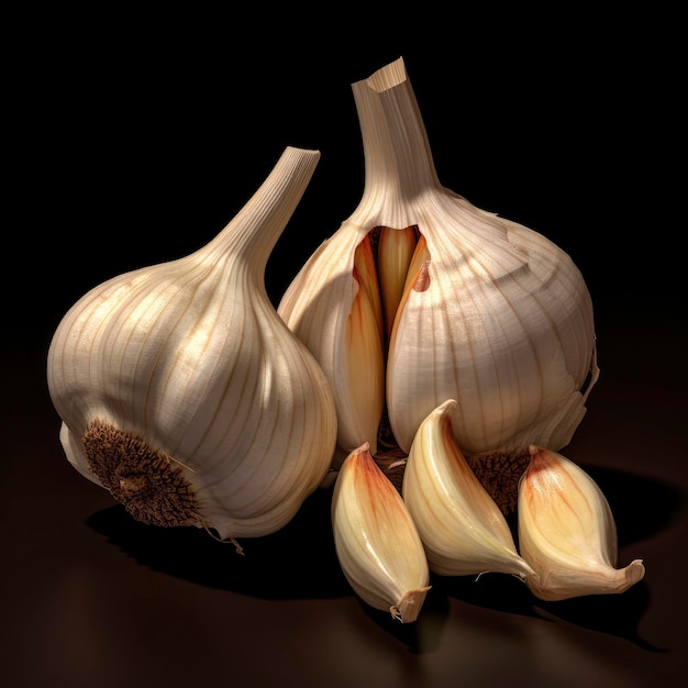 Three garlic on a black background with one that has a yellow bulb.