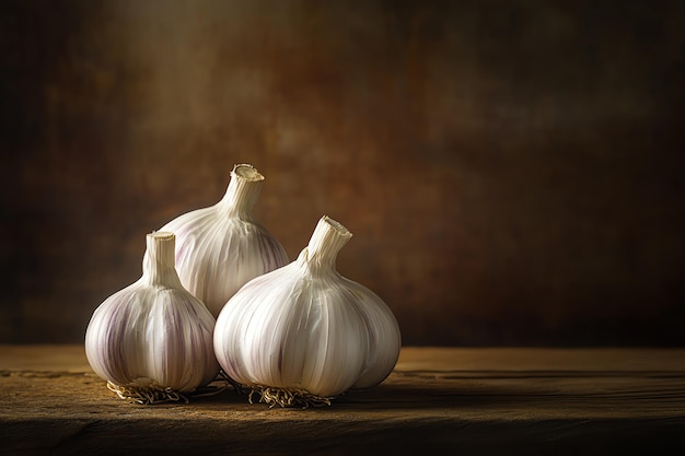 three garlics on a table with a dark background