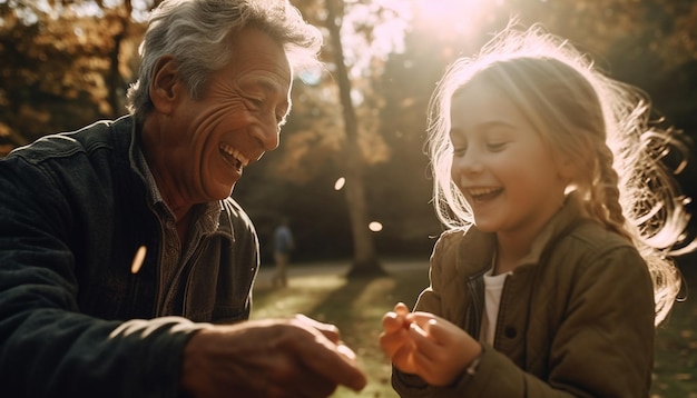 Three generations bond in nature's cheerful sunlight generated by AI