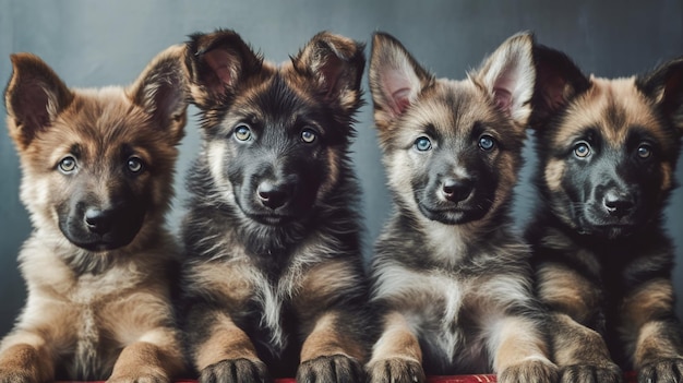 Three german shepherd puppies sitting on a red book