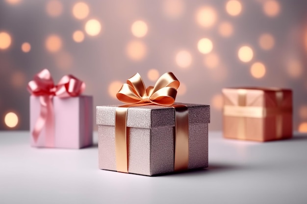 Three gift boxes with a gold ribbon and a red bow.