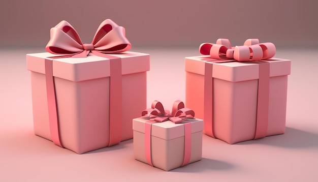 Three gift boxes with a pink ribbon bow on the top.