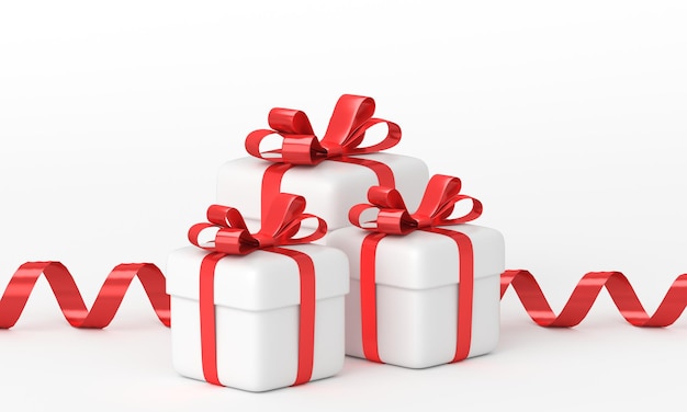 Three gifts with ribbons and bows on the white background. 3d rendering