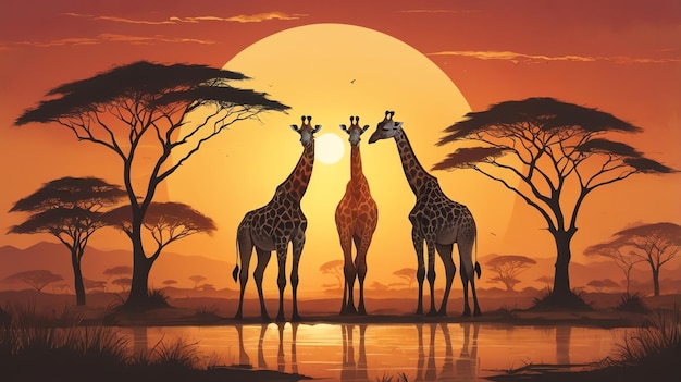 three giraffes are standing in front of a sunset