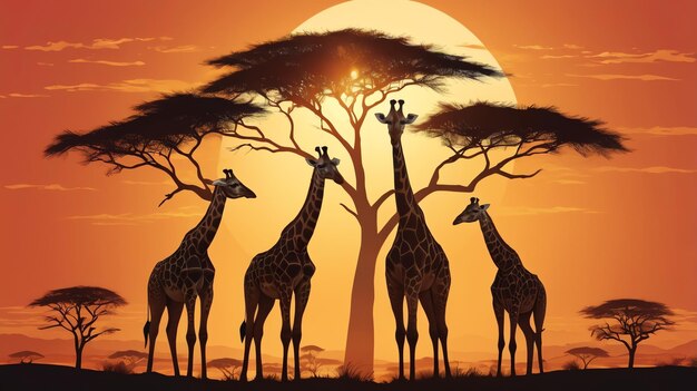 three giraffes are standing in front of a sunset