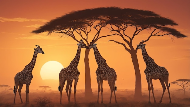 three giraffes are standing in front of a sunset