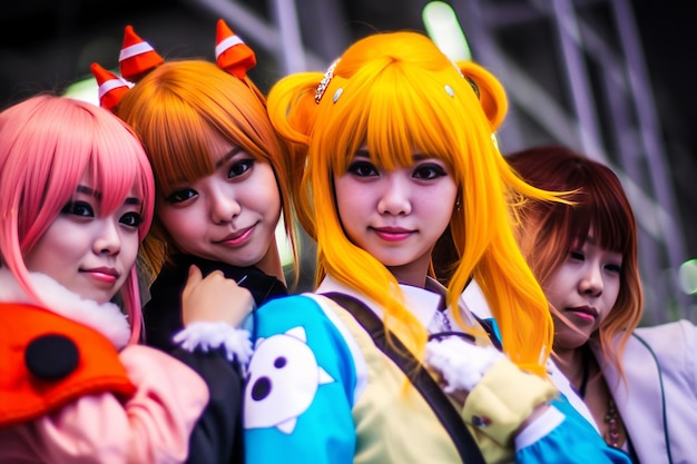 Three girls are posing for a picture with one wearing a blue and white costume.